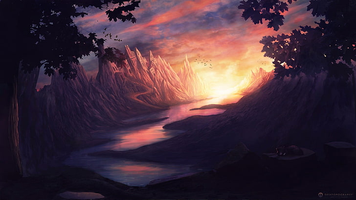ilustracja zbiornika wodnego, sztuka cyfrowa, sztuka fantasy, krajobraz, zamek, góry, rzeka, kot, słońce, chmury, pulpitografia, Tapety HD
