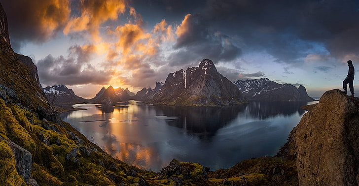 nature, landscape, panoramas, Lofoten Islands, Norway, sunset, mountains, sky, sea, snowy peak, hiking, bay, HD wallpaper