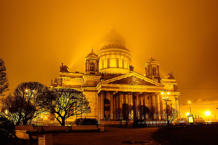 катедрала, светлини, Андрей Метелков, сграда, нощ, мъгла, Русия, Санкт Петербург, HD тапет