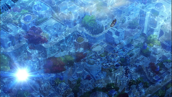 Nagi no Asukara, morze, miasto, zatopione miasta, anime, pod wodą, Tapety HD