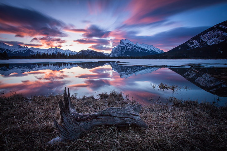 winter, snow, reflection, mountains, lake, morning, Canada, Albert, Mount Rundle, Banff national Park, HD wallpaper
