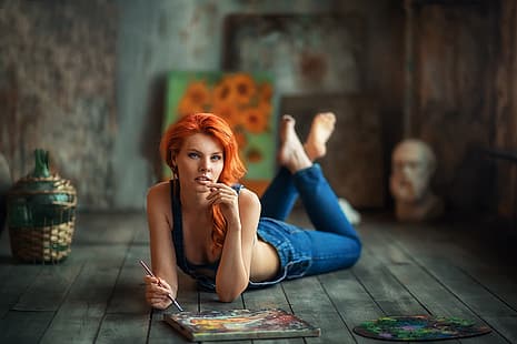 menina, pose, humor, imagens, vermelho, macacão, ruiva, Anastasia Barmina, Natasha Korotovskih, HD papel de parede HD wallpaper