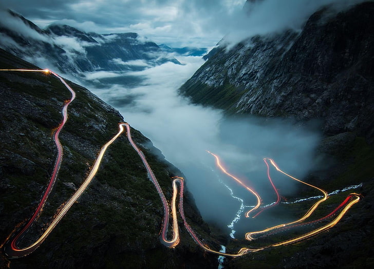white fog, photography, nature, landscape, mountains, mist, road, lights, river, clouds, Norway, Trollstigen, long exposure, HD wallpaper