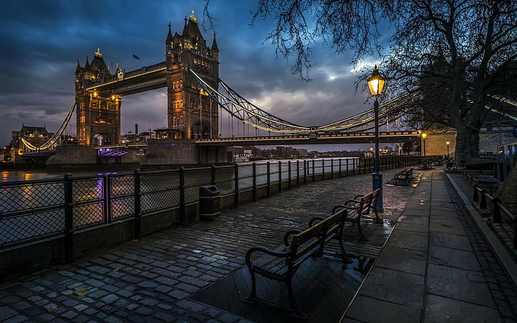 city london england tower bridge bridge street street light night cobblestone river thames, HD wallpaper