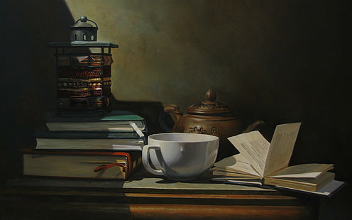 Herbata i książki, biały ceramiczny kubek i różne książki, fotografia, 2880x1800, książka, lampa, Tapety HD HD wallpaper