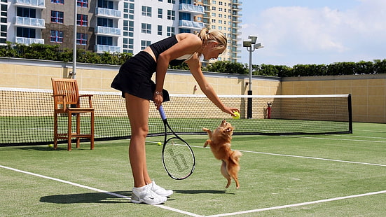 Мария Шарапова, тенис, куче, тенис корт, животни, жени, HD тапет HD wallpaper