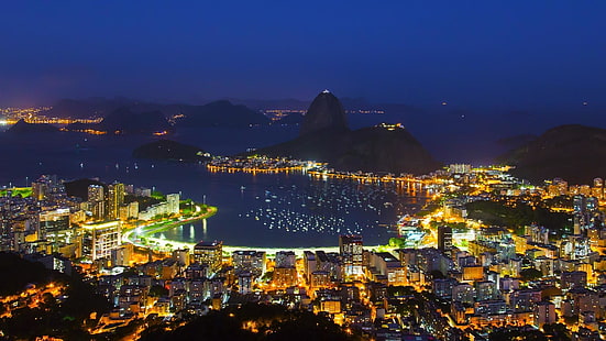 turistattraktion, Copacabana Beach, Brasilien, Guanabara Bay, Sugarloaf Mountain, Rio de Janeiro, belysning, kväll, skymning, horisont, stad, horisont, himmel, metropol, Botafogo, landmärke, natt, storstadsområde, stadsbild, HD tapet HD wallpaper
