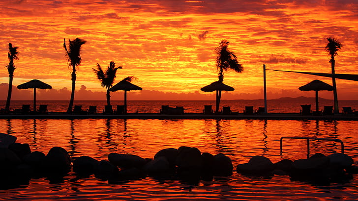 Fijian Sunset, palm trees, fiji, tropical, sunset, sea, exotic, water, HD wallpaper