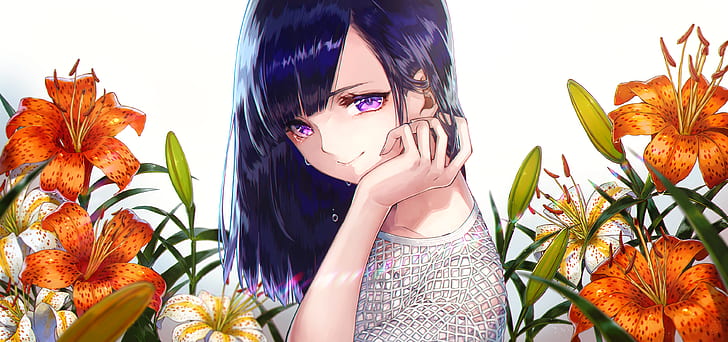 аниме, аниме девушки, синие волосы, цветы, HD обои