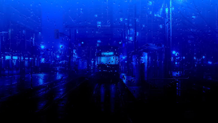 синий, город, улица, дождь, капли, капли дождя, синий город, дождливый день, HD обои