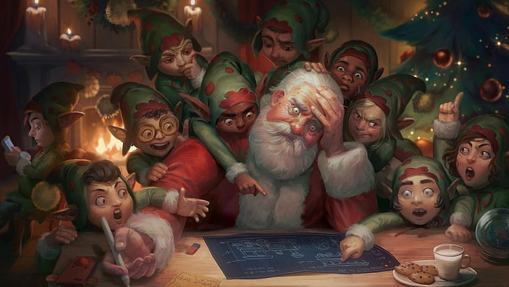 sztuka, święty mikołaj, boże narodzenie, boże narodzenie, elf, elfy, ilustracja, Tapety HD