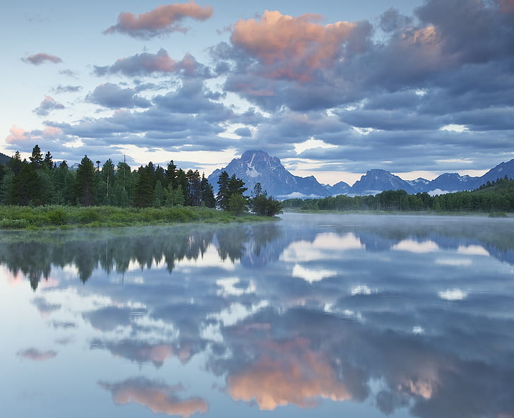 forest, the sky, clouds, trees, mountains, reflection, river, USA, national Park, Grand Teton, Wyoming, Oxbow Bend, HD wallpaper