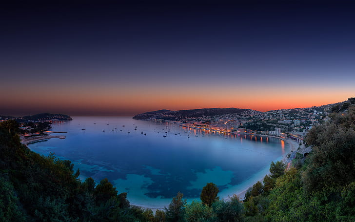 Riwiera Francuska, panorama wieczorna, zatoka, zmierzch, zachód słońca, Monako, Francja, Riwiera, wieczór, panorama, zatoka, zmierzch, zachód słońca, Monako, Tapety HD