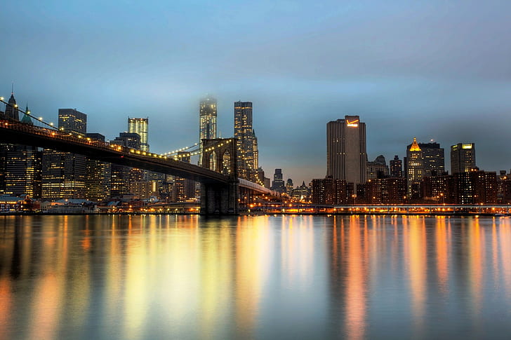 East River, New York City, NYC, USA, East River, New York City, Brooklyn Bridge, city, Night, Skyscrapers, HD wallpaper