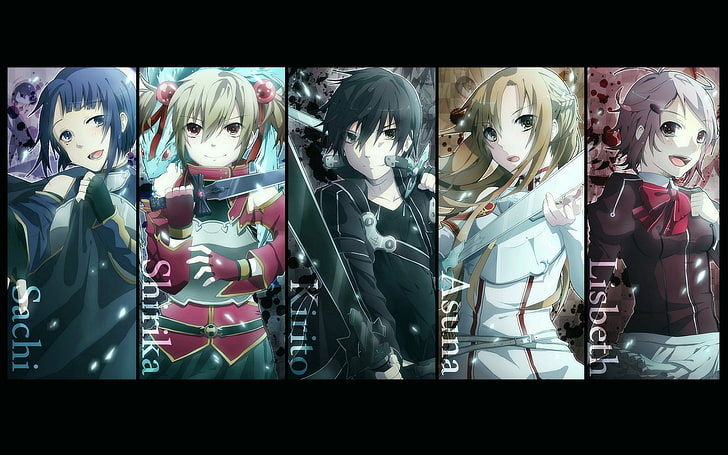 Sword Art Online, Asuna Yuuki, Kirito (Sword Art Online), Lisbeth (Sword Art Online), Sachi (Sword Art Online), Silica (Sword Art Online), Tapety HD