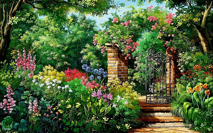 and, charming, flowers, garden, gate, HD wallpaper