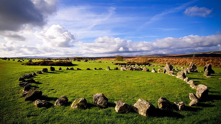 landscape, sky, clouds, horizon, Ireland, rock, stones, trees, grass, ancient, HD wallpaper