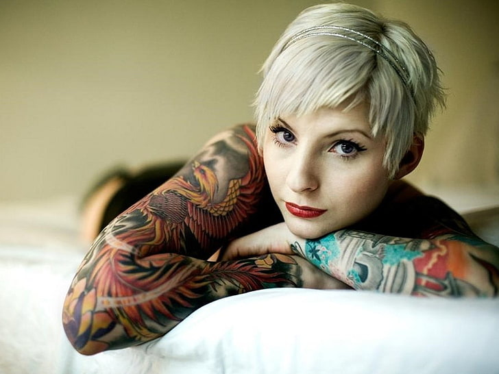 brown and gray right shoulder tattoo, tattoo, portrait, women, looking at viewer, HD wallpaper