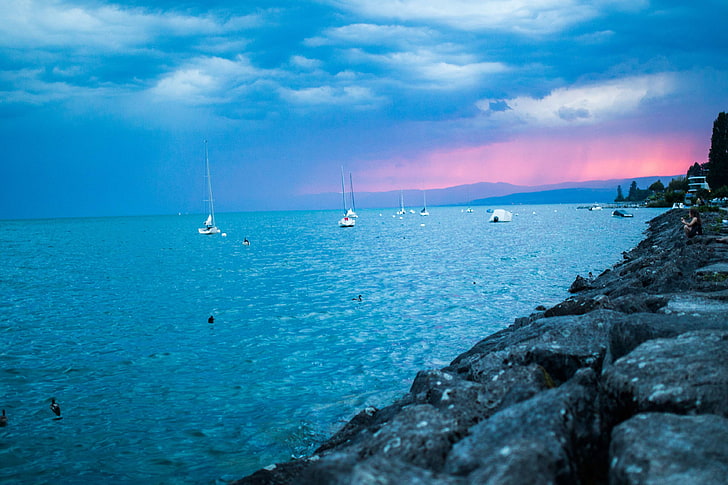 boats, clouds, lake, raining, rocks, sailboats, sea, seashore, storm, sun, sunrise, sunset, view, HD wallpaper