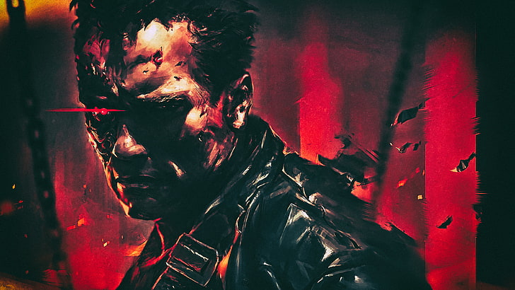 mężczyzna w czarnej skórzanej kurtce malowanie, Terminator 2, T-800, cyborg, Arnold Schwarzenegger, łańcuchy, rysunek, ogień, Terminator, Tapety HD