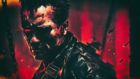 uomo in giacca di pelle nera dipinto, Terminator 2, T-800, cyborg, Arnold Schwarzenegger, catene, disegno, fuoco, Terminator, Sfondo HD HD wallpaper