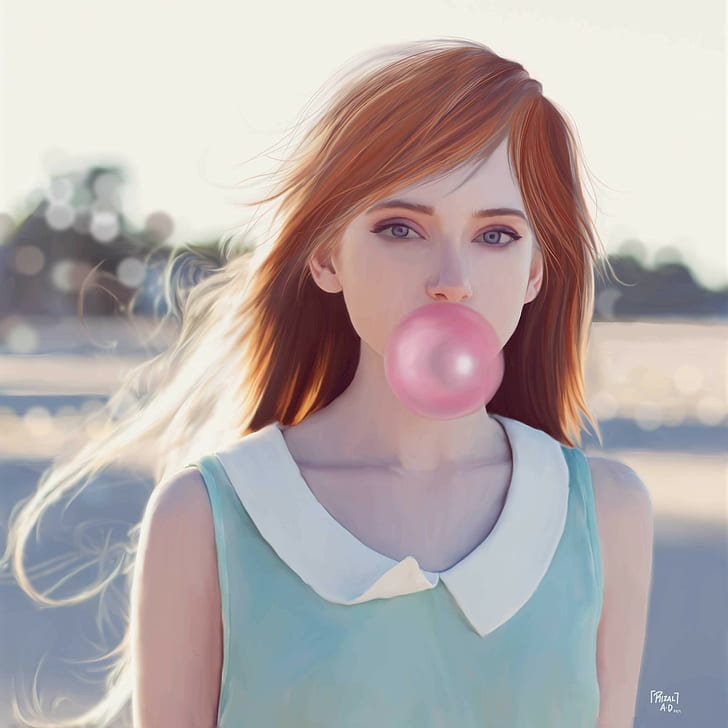 women's teal sleeveless top, redhead, bubble gum, drawing, HD wallpaper