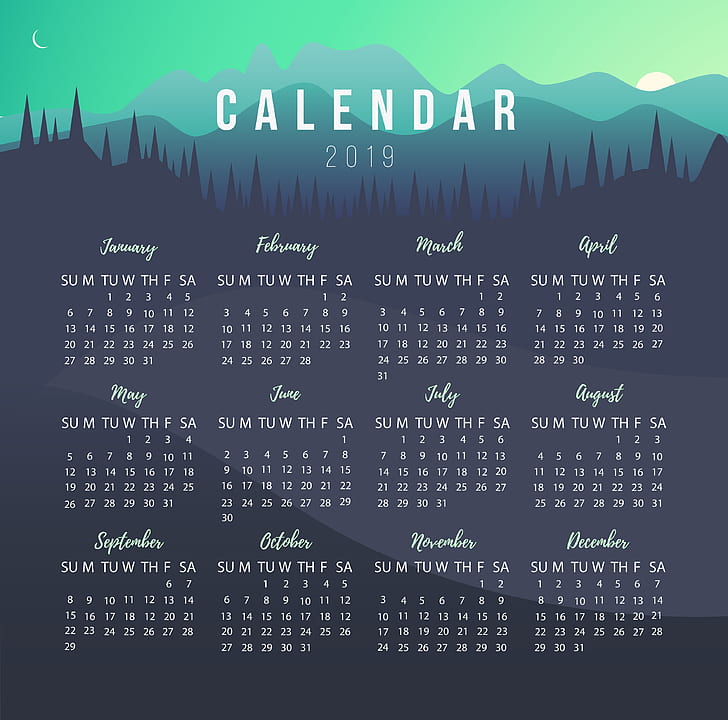 календар, 2019 (Година), месец, цифри, цифрово изкуство, минимализъм, планини, дървета, Луна, хълмове, вектор, HD тапет