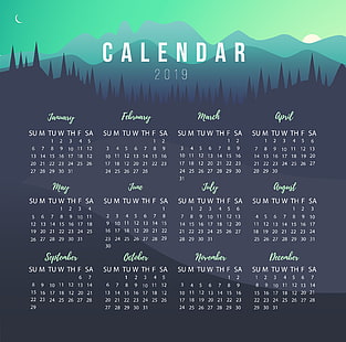 kalender, 2019 (år), månad, siffror, digital konst, minimalism, berg, träd, måne, kullar, vektor, HD tapet HD wallpaper
