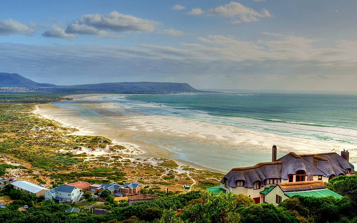 水の絵画、風景、海岸、海、自然、ノールドフックビーチ、南アフリカ共和国の近くの青と白のボート、 HDデスクトップの壁紙
