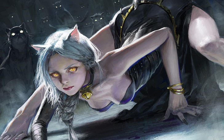fictional cat woman graphic wallpaper, nekomimi, white hair, yellow eyes, realistic, HD wallpaper