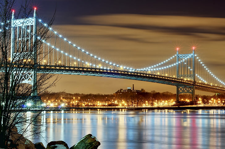 gray suspension bridge, bridge, the city, lights, New York, the evening, USA, HD wallpaper