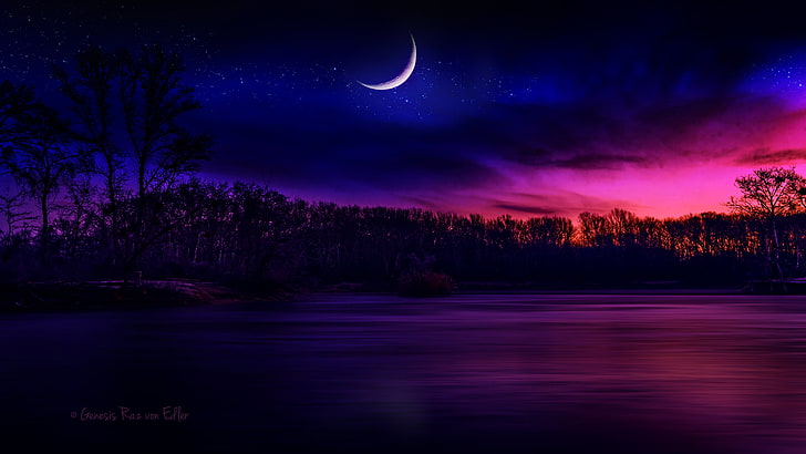crescent moon illustration, moonlight, nature, digital art, Moon, water, landscape, sky, HD wallpaper