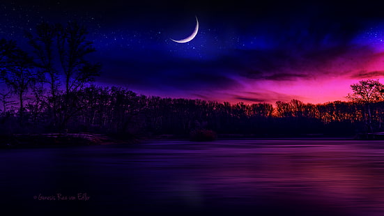 illustration de croissant de lune, clair de lune, nature, art numérique, lune, eau, paysage, ciel, Fond d'écran HD HD wallpaper