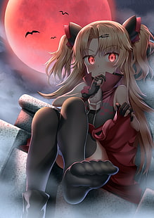 Halloween, witch hat, feet, thigh-highs, anime girls, blonde, Moon, anime, bats, HD wallpaper HD wallpaper