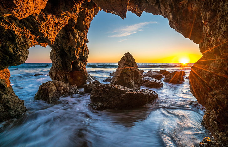 grotte brune, et, falaise, malibu, nature, océan, levers de soleil, couchers de soleil, usa, Fond d'écran HD