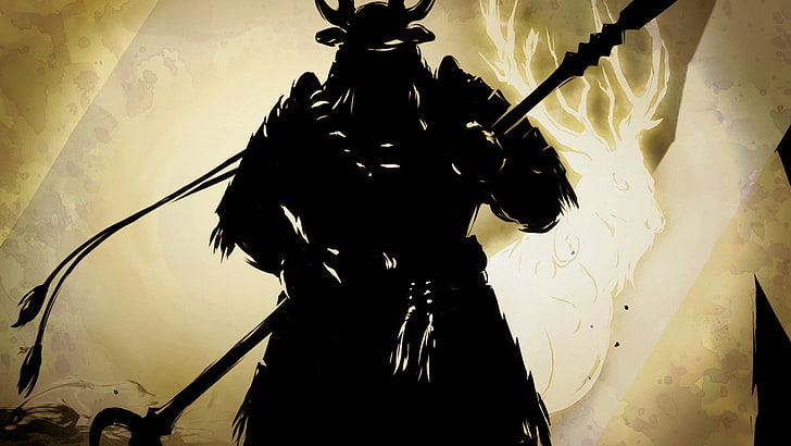 silhouette di illustrazione di guerriero, illustrazione di guerriero, Giappone, nioh, opera d'arte, arte digitale, samurai, giallo, beige, Sfondo HD