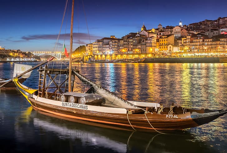 bridge, the city, river, home, boats, the evening, lighting, Portugal, harbour, Port, HD wallpaper