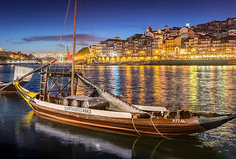 мост, город, река, дома, лодки, вечер, освещение, Португалия, гавань, порт, HD обои HD wallpaper