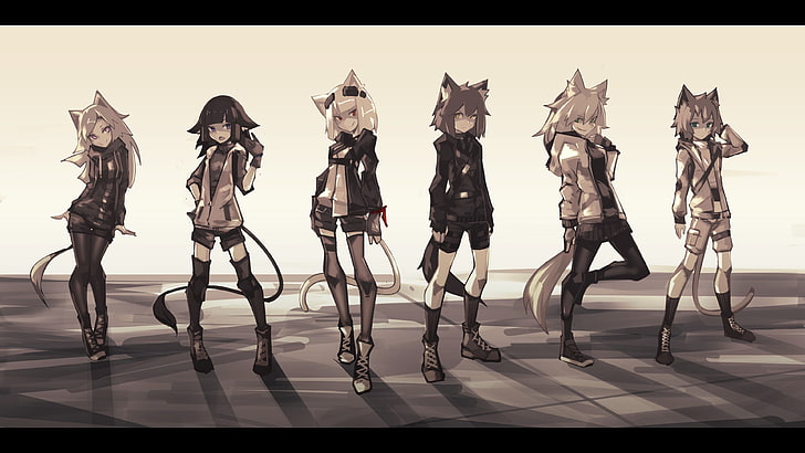 Anime, Anime Girls, Tierohren, Stiefel, Handschuhe, kurze Haare, lange Haare, Shorts, Rock, Schwanz, HD-Hintergrundbild