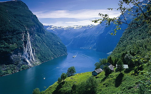 natur, 1920x1200, geiranger, fjord, wasserfall, norwegen, europa, ultra hd, HD-Hintergrundbild HD wallpaper