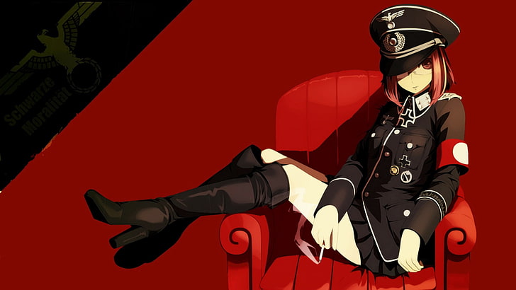 woman wearing black suit illustration, anime, girl, form, service cap, chair, background, HD wallpaper