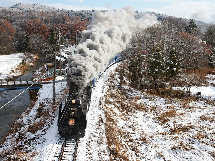 влак, природа, железопътен транспорт, зима, превозно средство, HD тапет