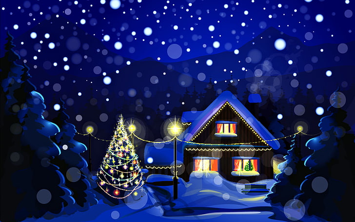 black house illustration, winter, snow, landscape, night, nature, holiday, tree, home, New Year, Christmas, HD wallpaper