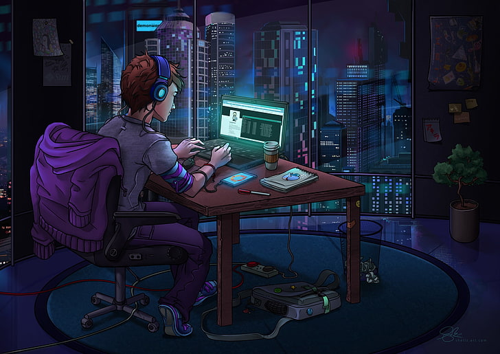компютър, стаята, хакер, Светът през нощта, HD тапет