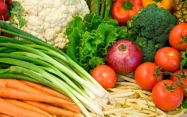 verdure assortite, verdure, pomodori, cipolle, carote, cabbag, Sfondo HD