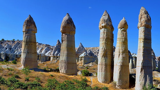 Кападокия, любовна долина, Турция, туристическа атракция, световно наследство на ЮНЕСКО, небе, паметник, скала, туризъм, HD тапет HD wallpaper