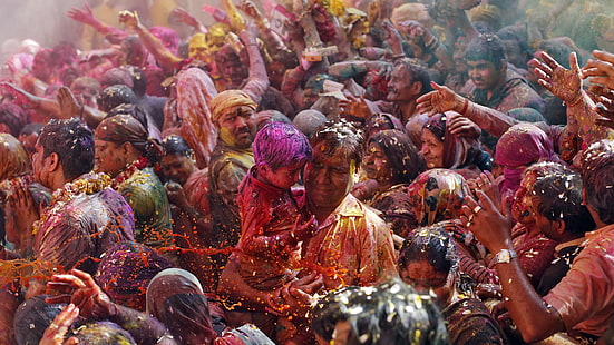 Фестиваль красок Холи, отец, сын, люди, индийский праздник, весна, жизнь, новолуние, Холика, цветной порошок, событие, HD обои HD wallpaper
