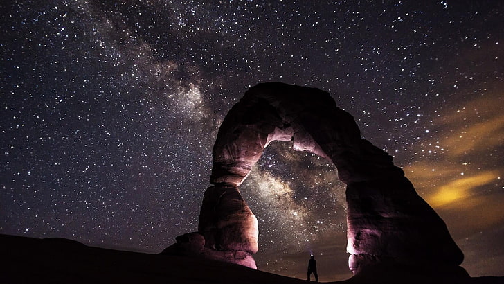 arch, galaxy, starry night, starry, arches national park, delicate arch, astronomy, national park, space, sky, natural arch, milky way, stars, night, darkness, night sky, starry sky, HD wallpaper