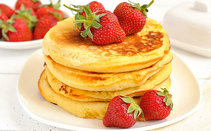 *** Pancakes Strawberries ***, sweets, food, fruits, pancakes, strawberries, 3d and abstract, HD wallpaper