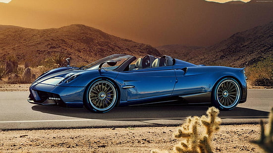 Pagani huayra Roadster, Pagani huayra, Roadster, Pagani, Wüste, Straße, Asphalt, blaues Auto, HD-Hintergrundbild HD wallpaper